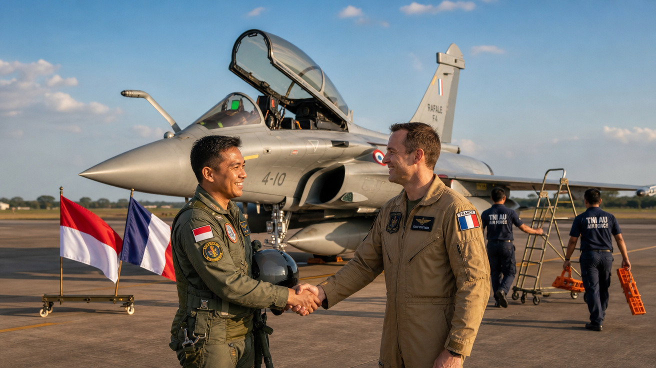 Dois pilotos militares a cumprimentarem-se em frente a um caça Rafale, com bandeiras da Indonésia e França ao fundo.