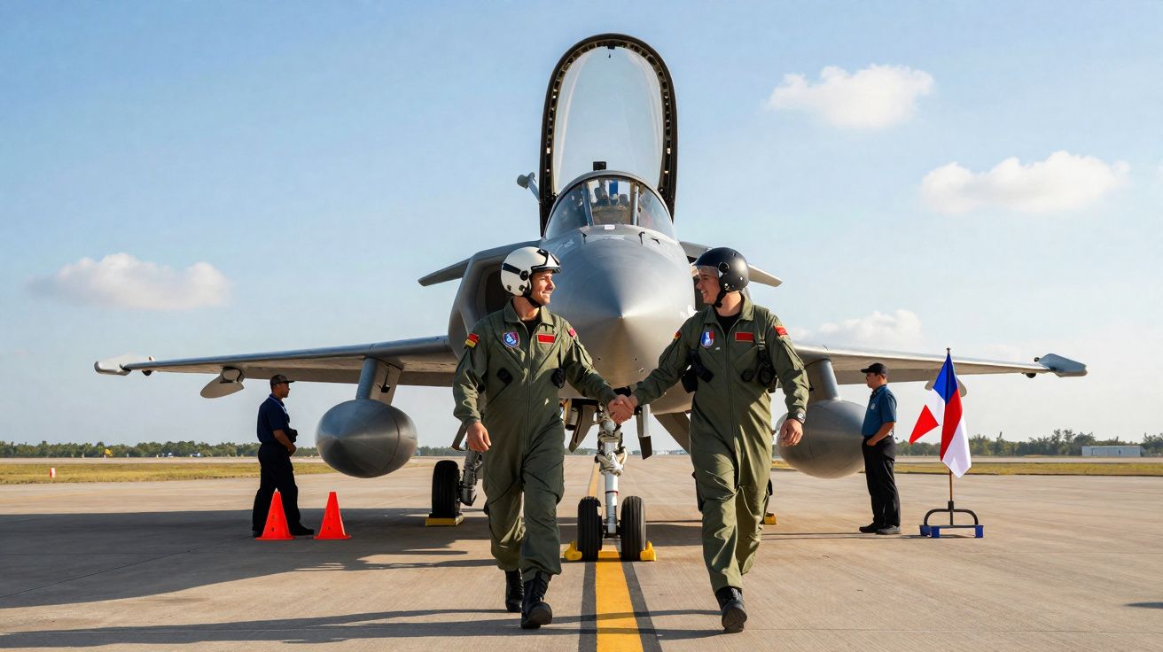 Dois pilotos militares a apertar as mãos em frente a um caça estacionado numa pista de aeroporto.