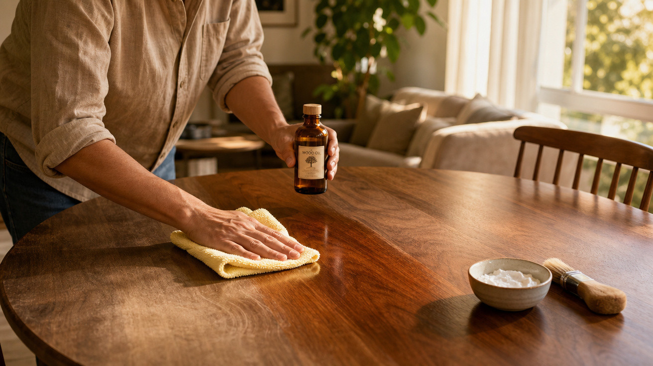 Pessoa a limpar e tratar uma mesa redonda de madeira com produto e pano amarelo numa sala iluminada.