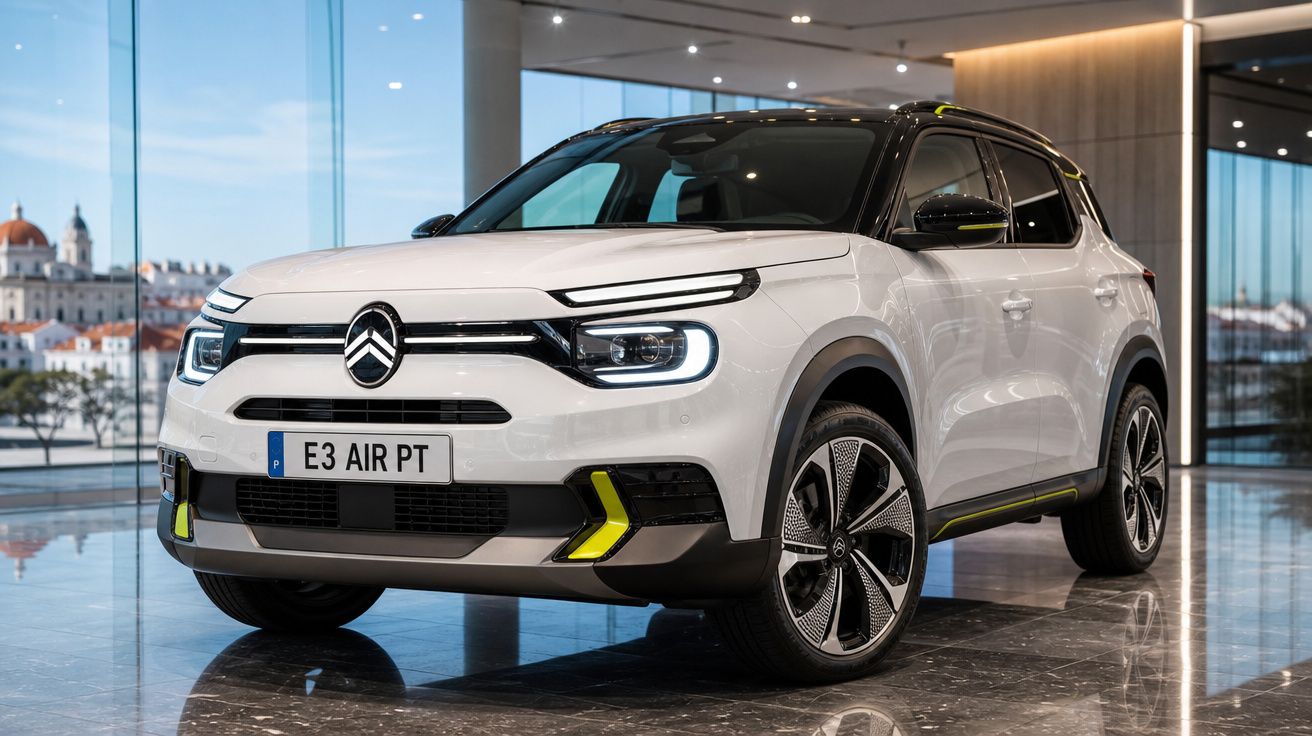 Carro elétrico Citroën E3 Air PT branco estacionado em salão moderno com vidro e luz natural.