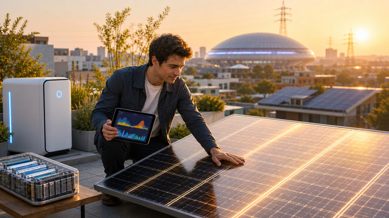 Homem verifica painel solar com tablet ao pôr do sol numa área urbana com edifícios e vegetação.