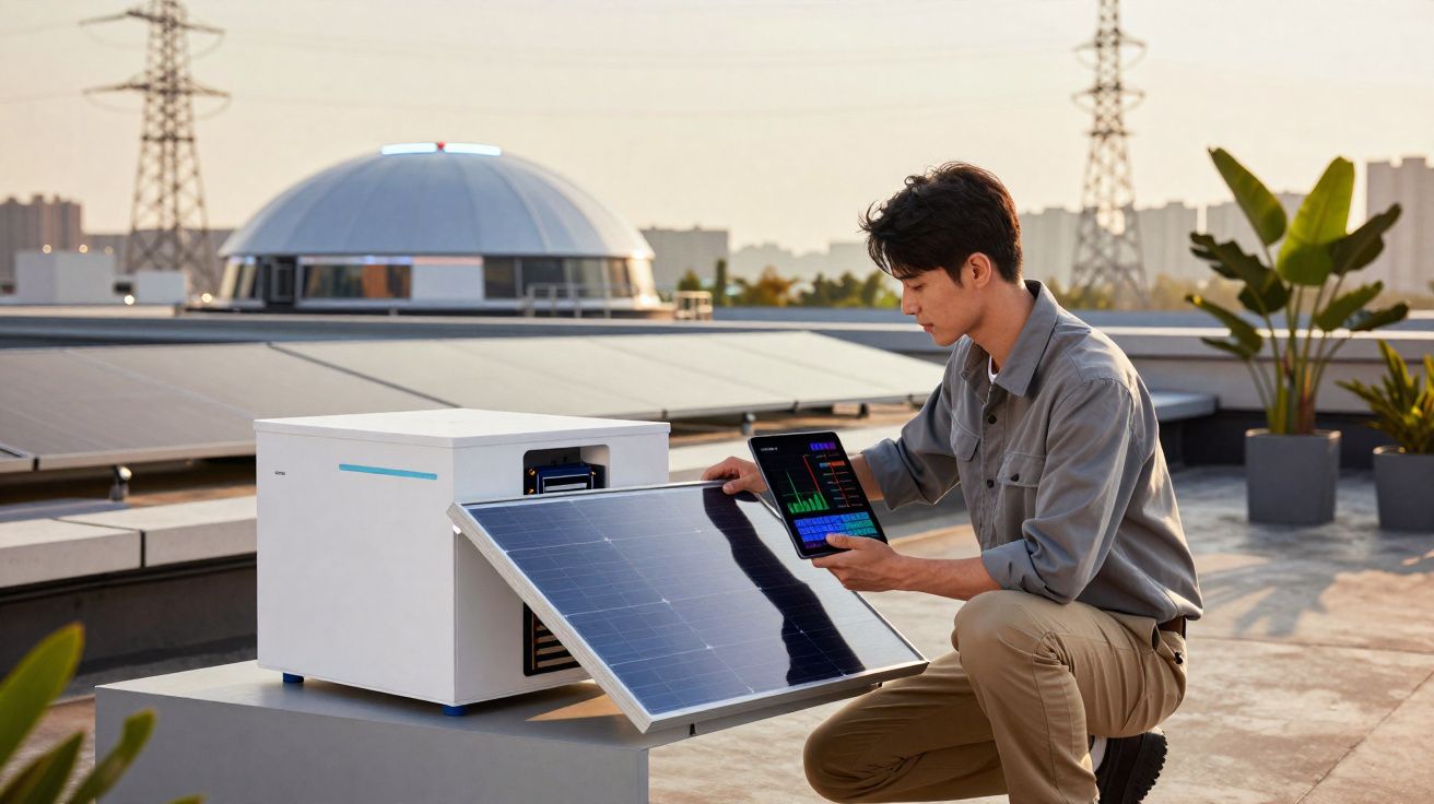 Homem a verificar painéis solares com tablet no terraço de edifício durante o pôr do sol.