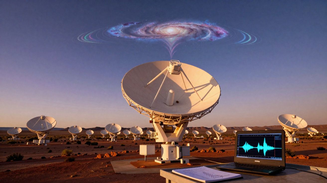 Antenas de rádio no deserto a captar sinais de uma galáxia distante, com onda sonora num computador portátil.