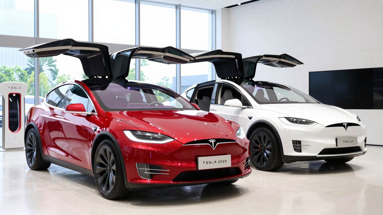 Dois carros Tesla modelo X, um vermelho e um branco, com portas em asa de gaivota abertas num showroom.
