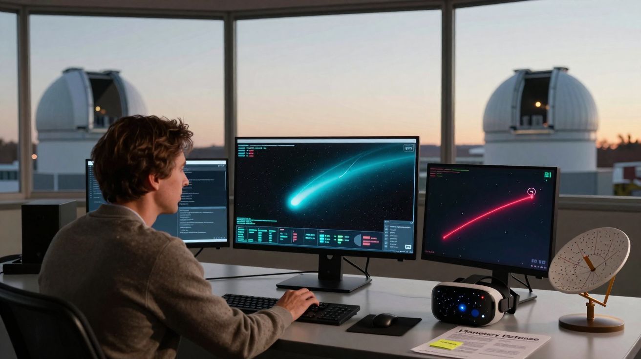 Homem a analisar dados de cometas em três ecrãs num laboratório com telescópios ao fundo ao pôr do sol.