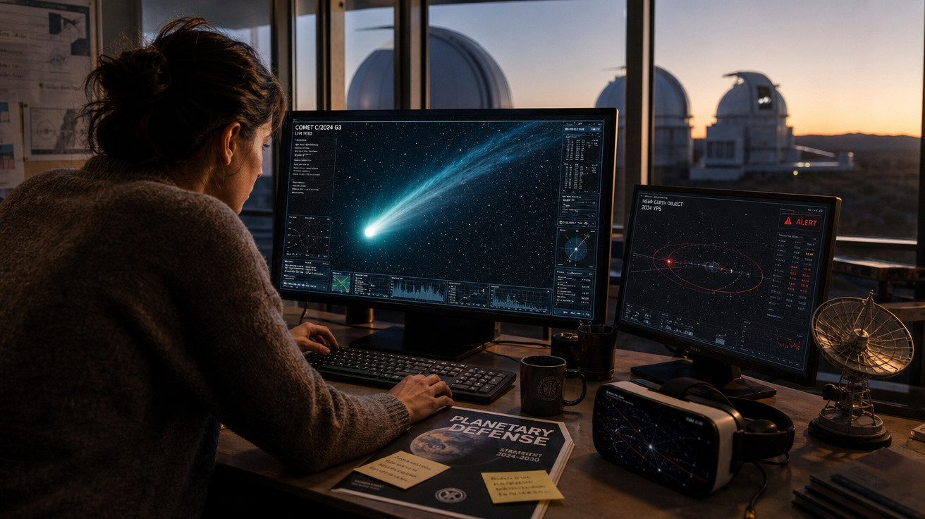 Pessoa a analisar dados de cometa em dois ecrãs num escritório com telescópios ao fundo ao pôr do sol.
