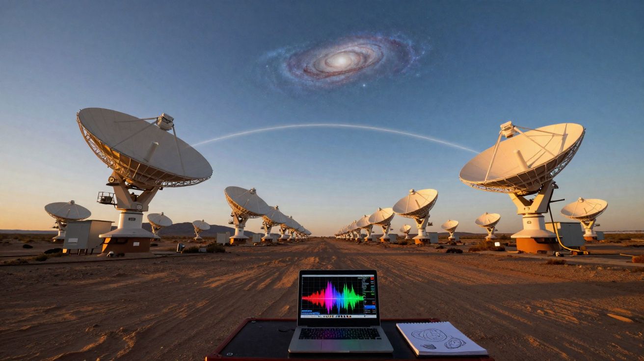 Antena de rádio no deserto a captar sinais do espaço, com laptop a mostrar dados de ondas sonoras.