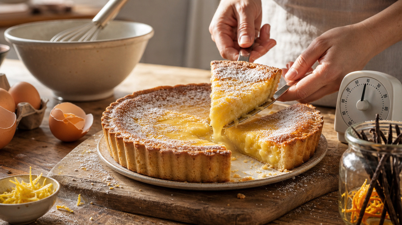 Pessoa a servir fatia de tarte de limão caseira numa cozinha com ingredientes à volta.