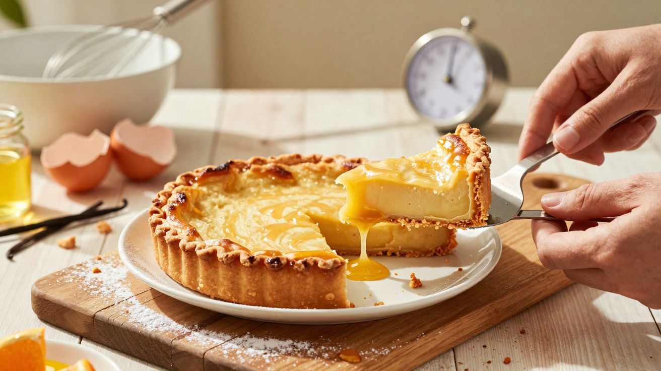 Tarte cremosa a ser servida, com recheio amarelo a escorrer e ingredientes de preparo ao fundo.