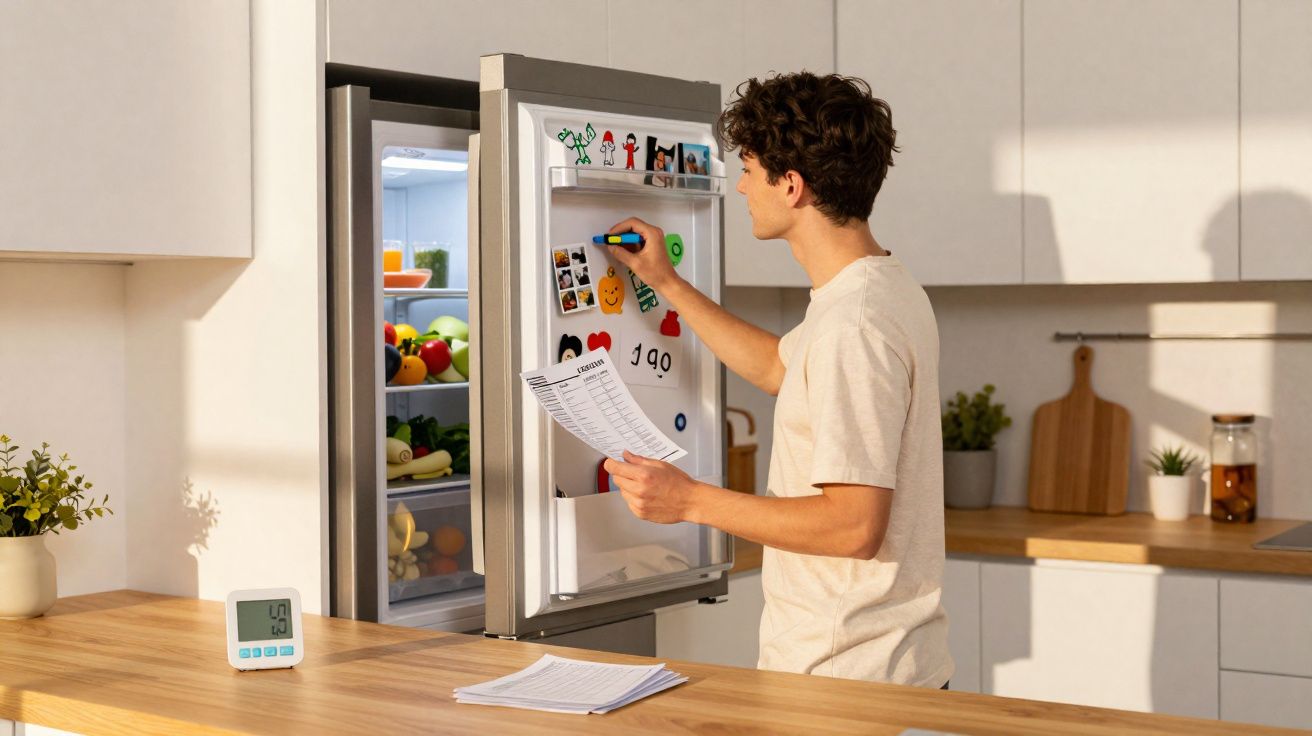 Homem jovem a escrever na porta do frigorífico aberto numa cozinha moderna e luminosa.