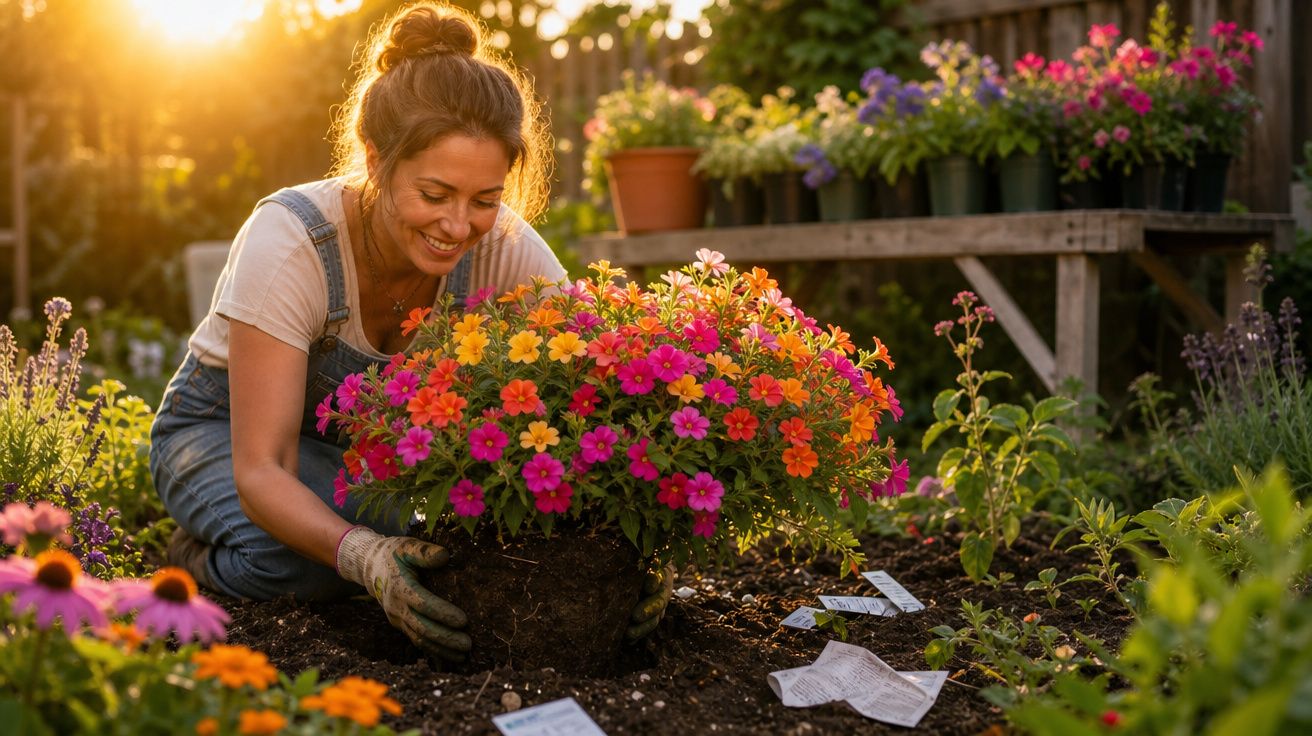 Mulher a sorrir enquanto planta flores coloridas num jardim ensolarado ao pôr do sol.