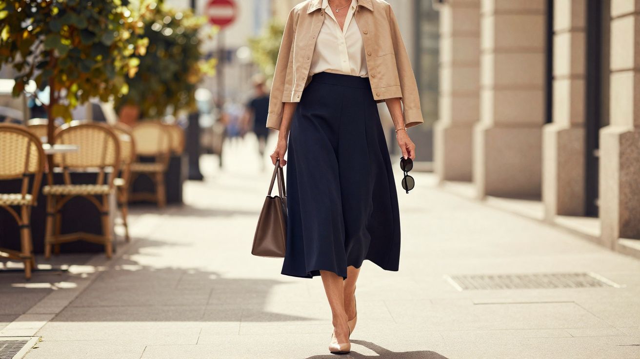 Mulher elegante a caminhar na rua com saia midi azul, camisa branca e casaco bege ao ombro, segurando bolsa e óculos escuros.