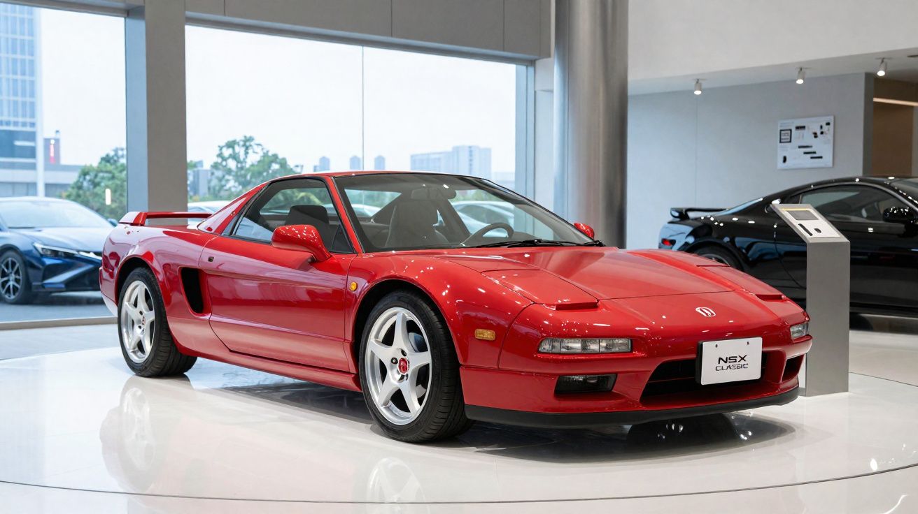 Carro desportivo vermelho ACURA NSX Classic exposto em salão moderno com carro preto ao fundo.