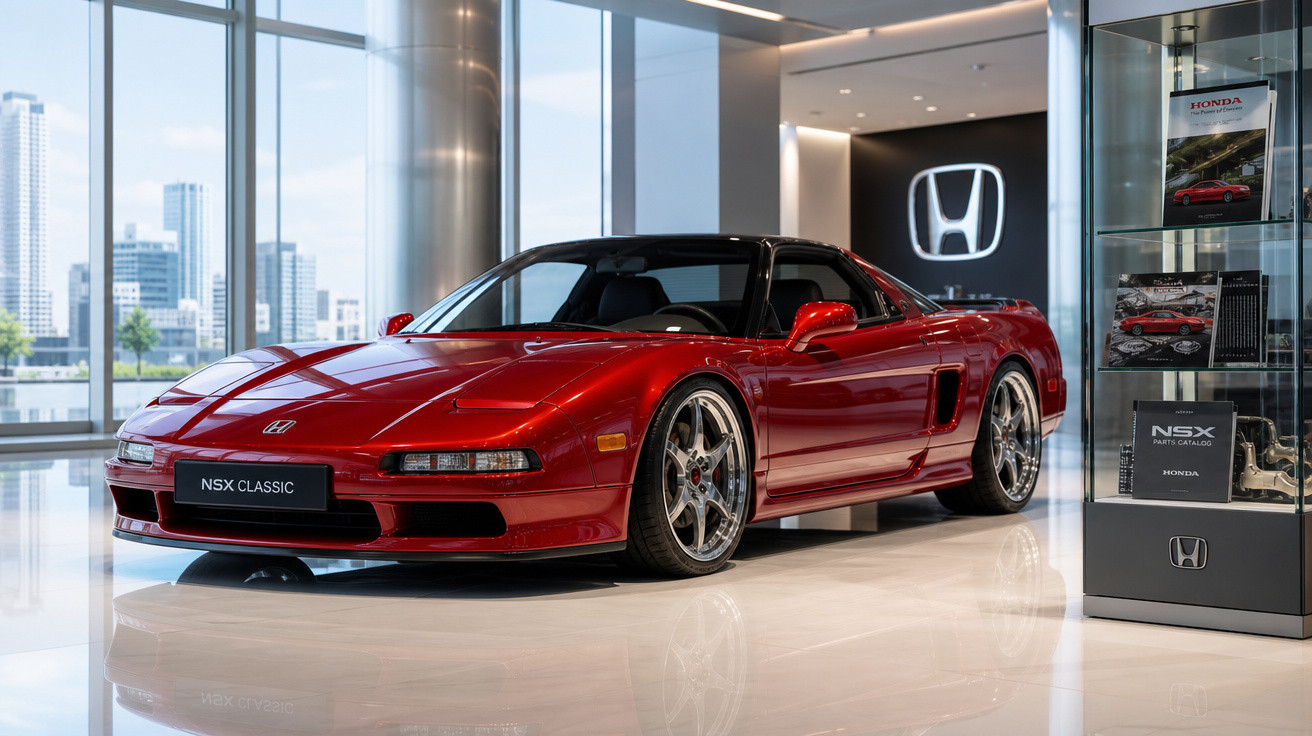 Carro desportivo Honda NSX Classic vermelho exibido em showroom moderno com vista urbana.