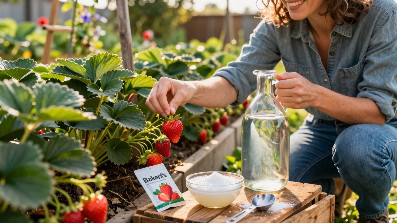 Pessoa a colher morangos maduros numa plantação ao ar livre com produtos de jardinagem numa caixa de madeira.
