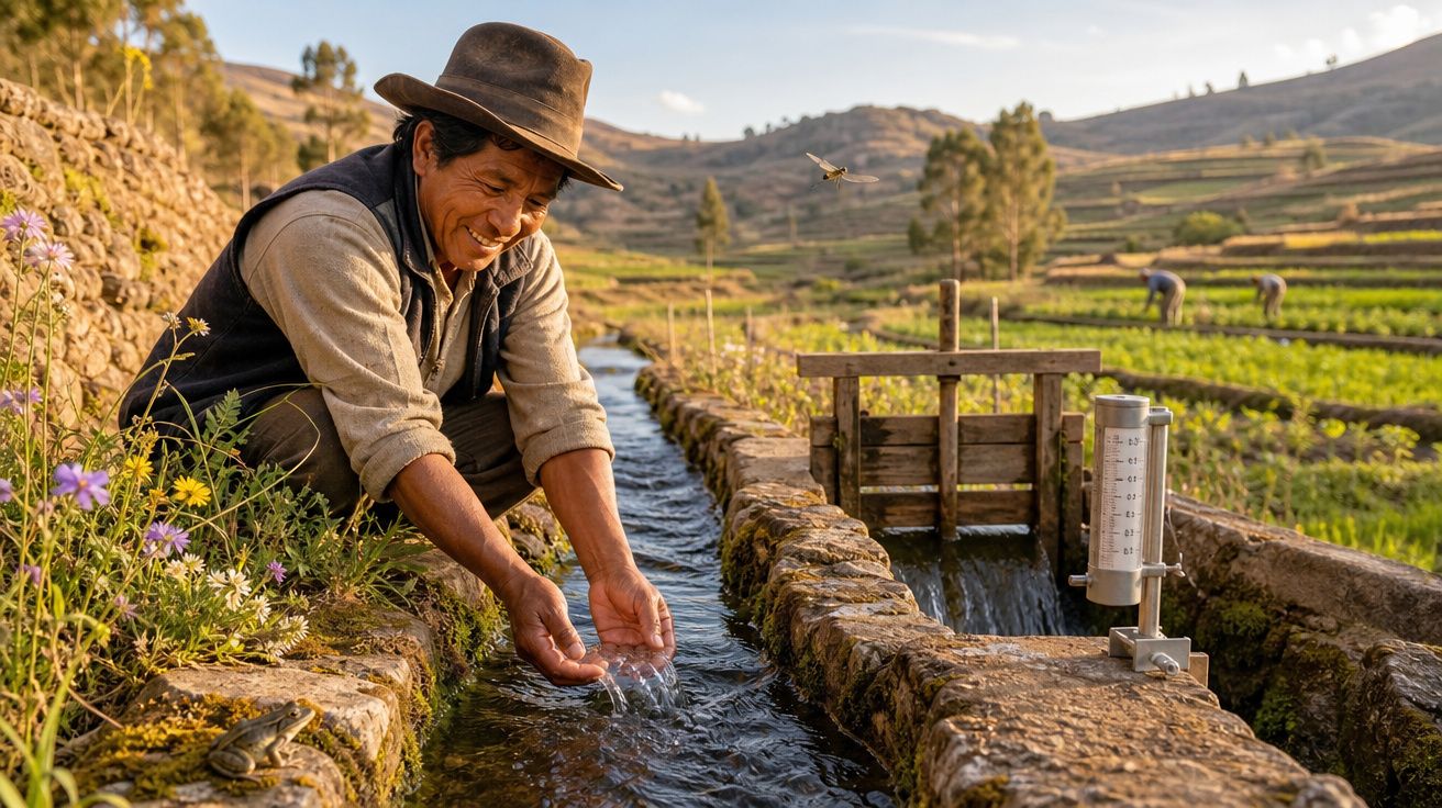 Homem indígena com chapéu recolhe água num canal de irrigação em campo agrícola ao pôr do sol.