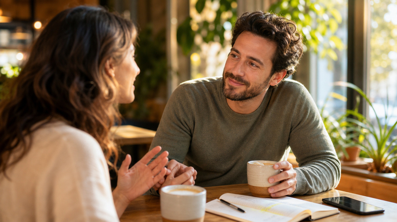 Dois adultos conversam e seguram canecas numa mesa de café com caderno aberto e telemóvel.