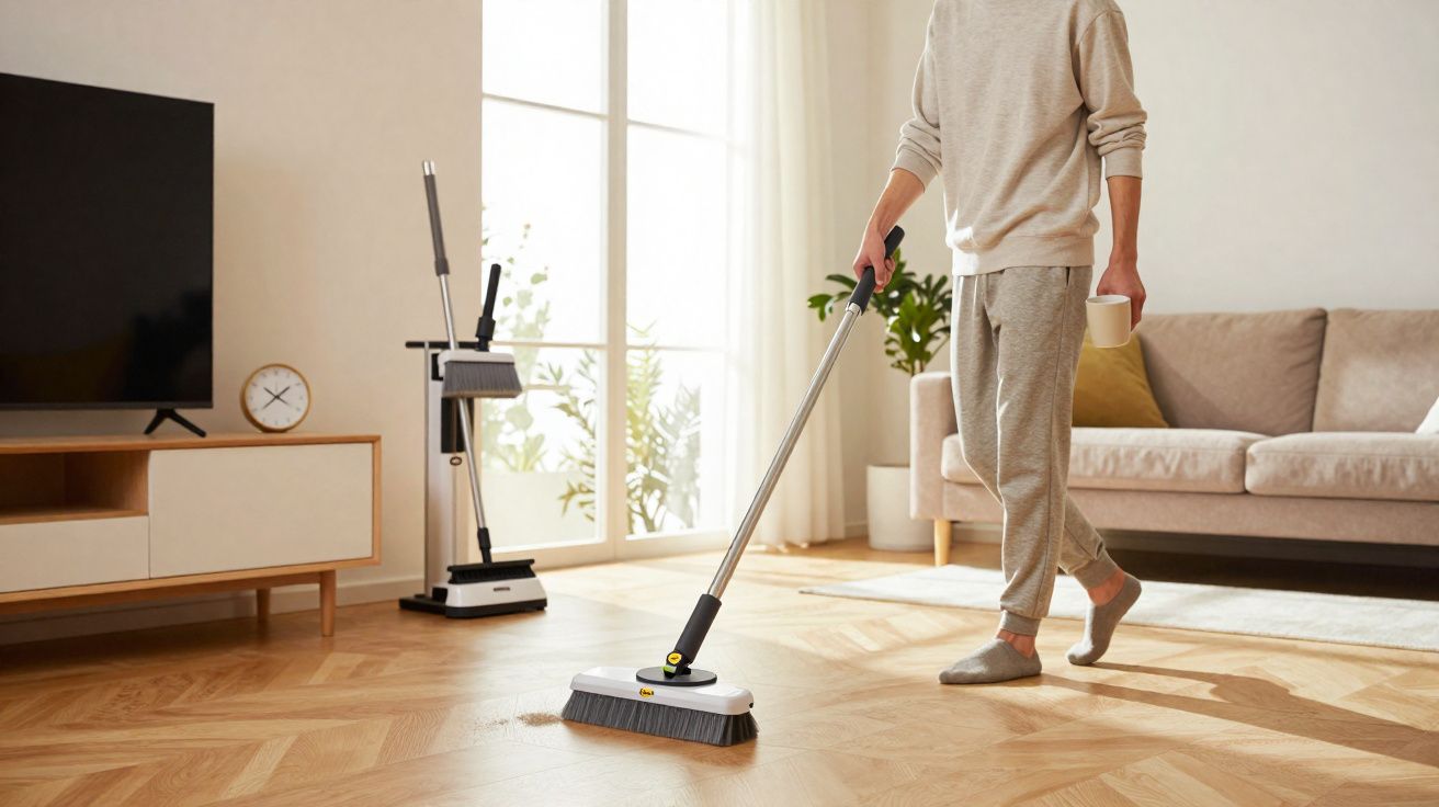 Pessoa a aspirar o chão de madeira numa sala com sofá, TV e decoração minimalista.