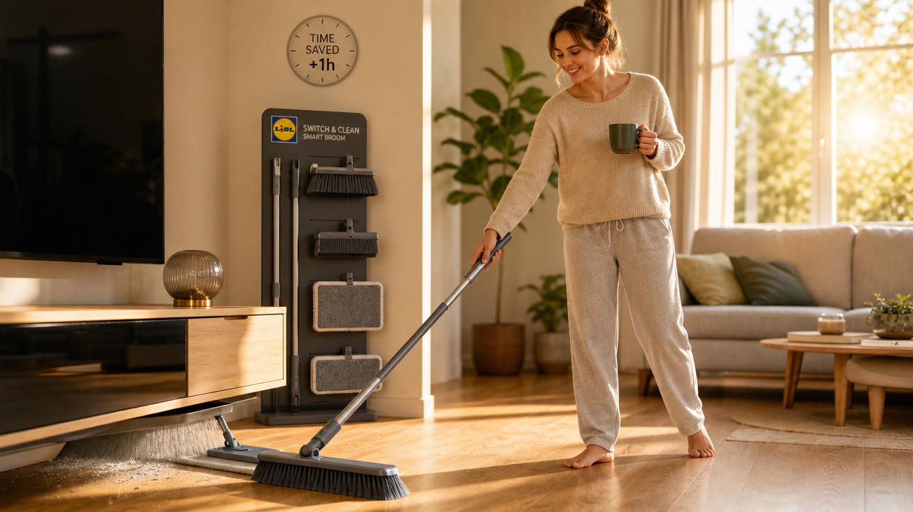 Mulher sorridente a varrer a sala de estar com uma vassoura multifuncional, segurando uma chávena.