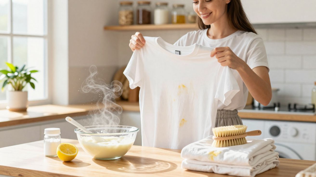 Mulher a mostrar t-shirt branca com manchas, ingredientes caseiros e escova para remover sujidade na bancada da cozinha.