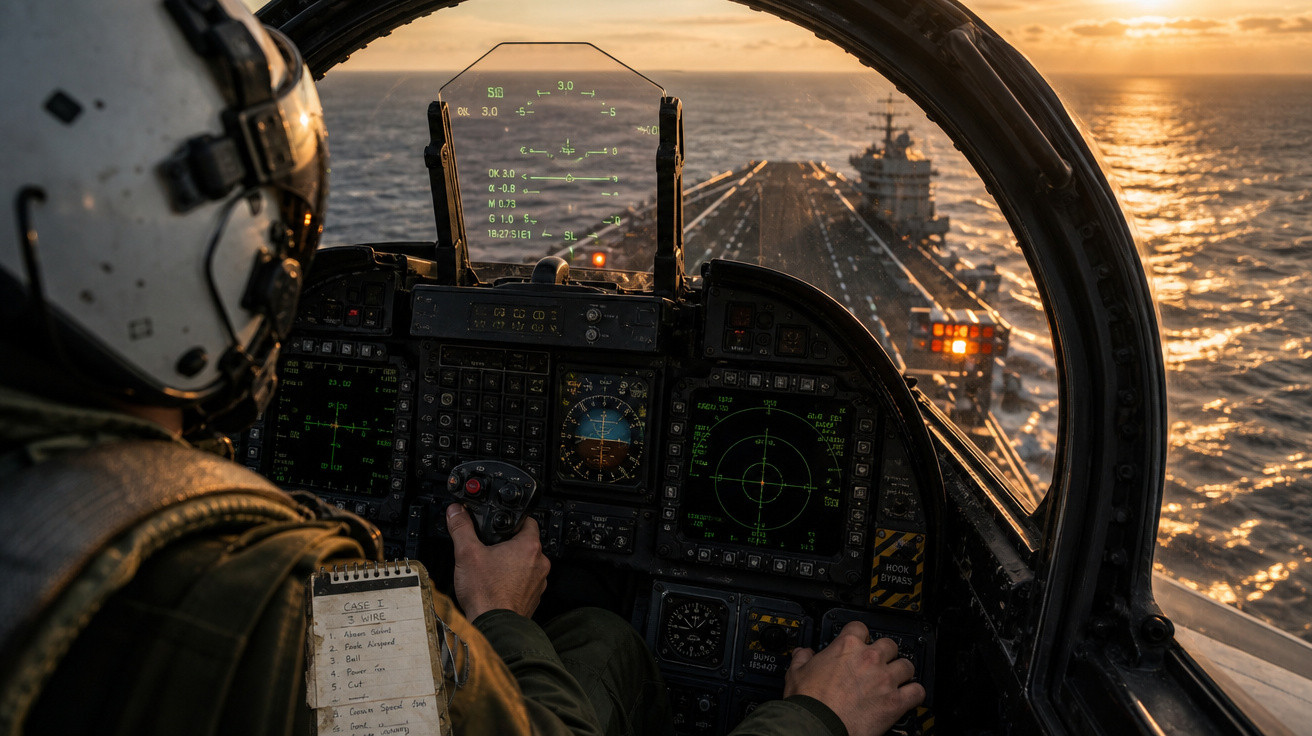 Piloto de caça a sobrevoar um porta-aviões ao pôr do sol com painéis de controle visíveis na cabine.