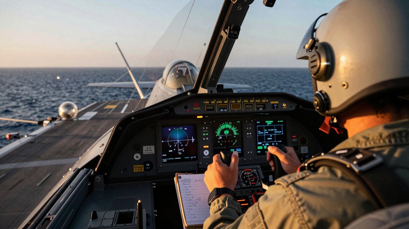 Piloto militar no cockpit de um avião, prestes a descolar de um porta-aviões sobre o mar ao pôr do sol.