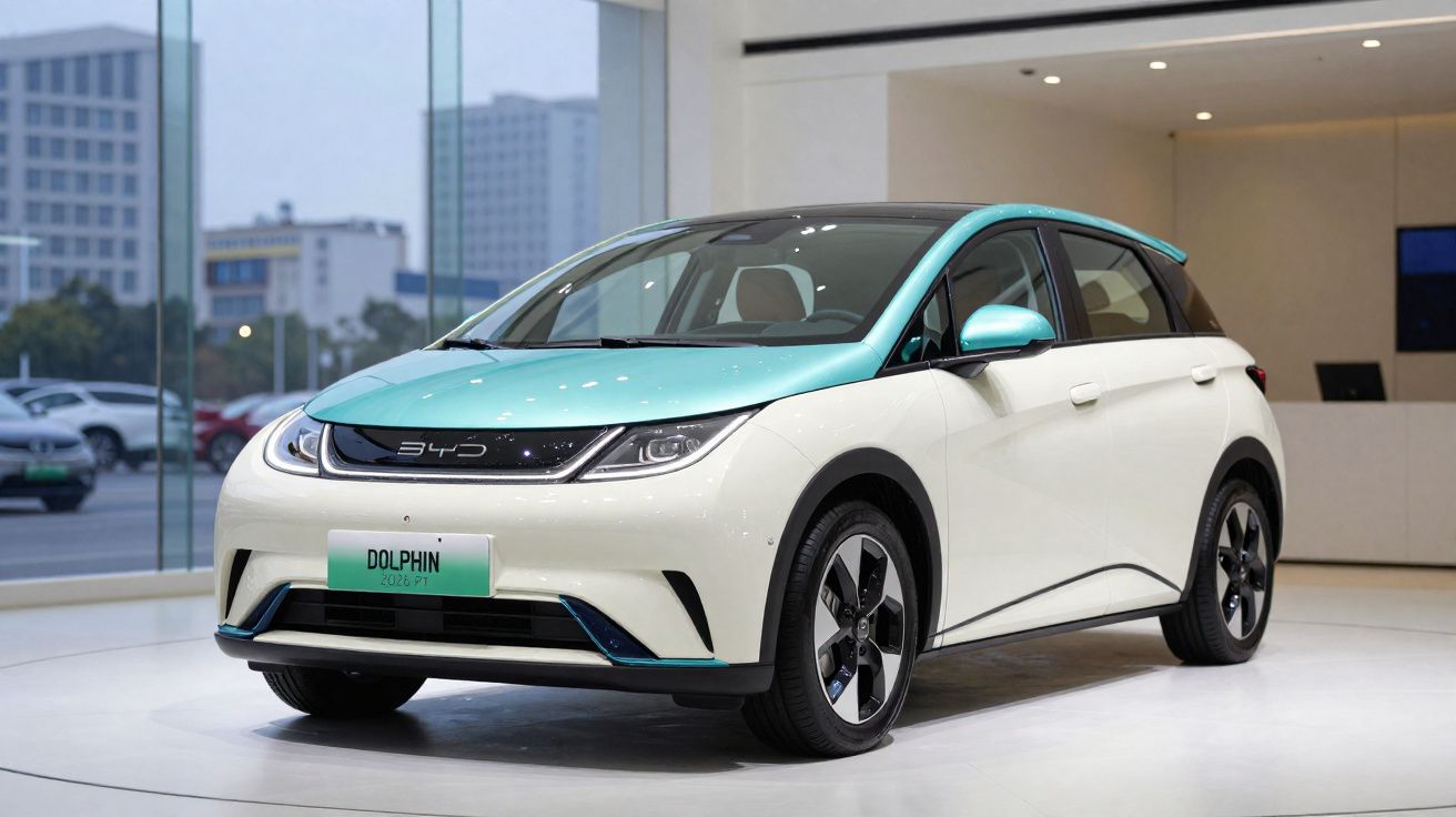 Automóvel elétrico compacto BYD Dolphin branco e azul em exposição interior moderna.