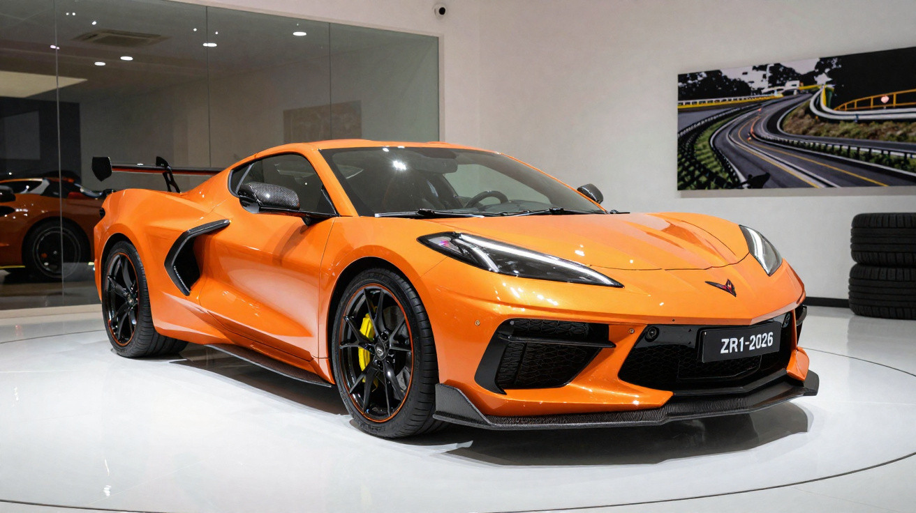 Carro desportivo laranja Chevrolet Corvette exposto em espaço interior moderno e minimalista.