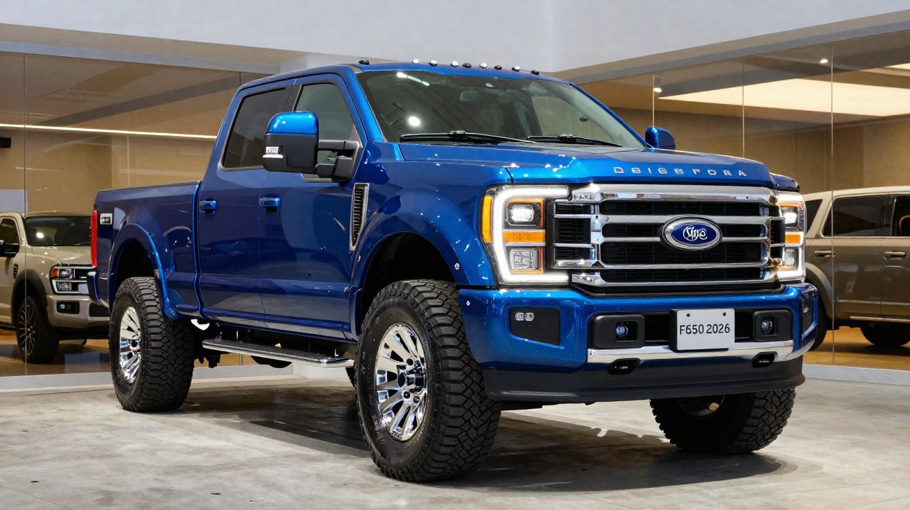 Pick-up azul Ford F650 2026 com rodas robustas, vista frontal em showroom moderno com espelhos no fundo.