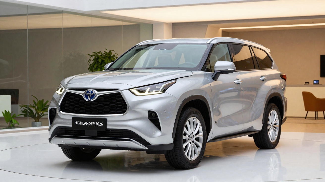 Carro SUV Toyota Highlander 2026 cinzento prateado exposto em showroom moderno e iluminado.
