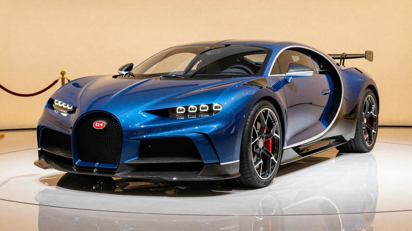 Carro desportivo azul Bugatti Chiron DS exposto em espaço fechado com fundo bege.