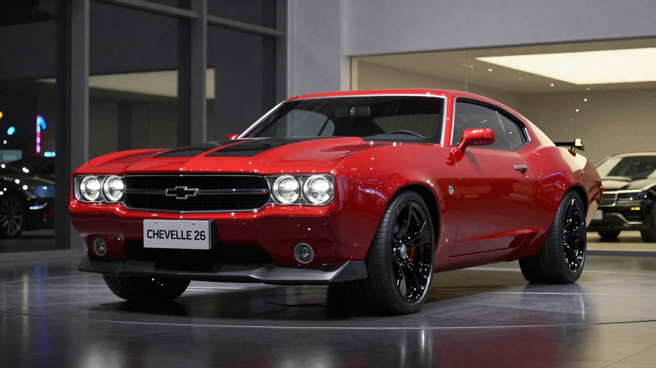 Carro clássico vermelho Chevrolet Chevelle 26 estacionado em interior moderno com jantes pretas brilhantes.