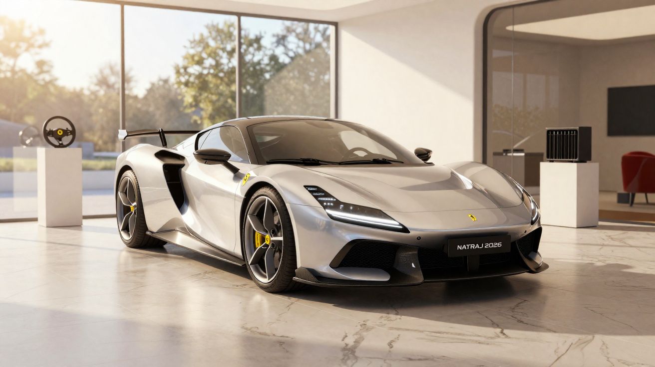 Carro desportivo Ferrari Prateado Nartaj 2026 estacionado em garagem com piso em mármore e janela grande.