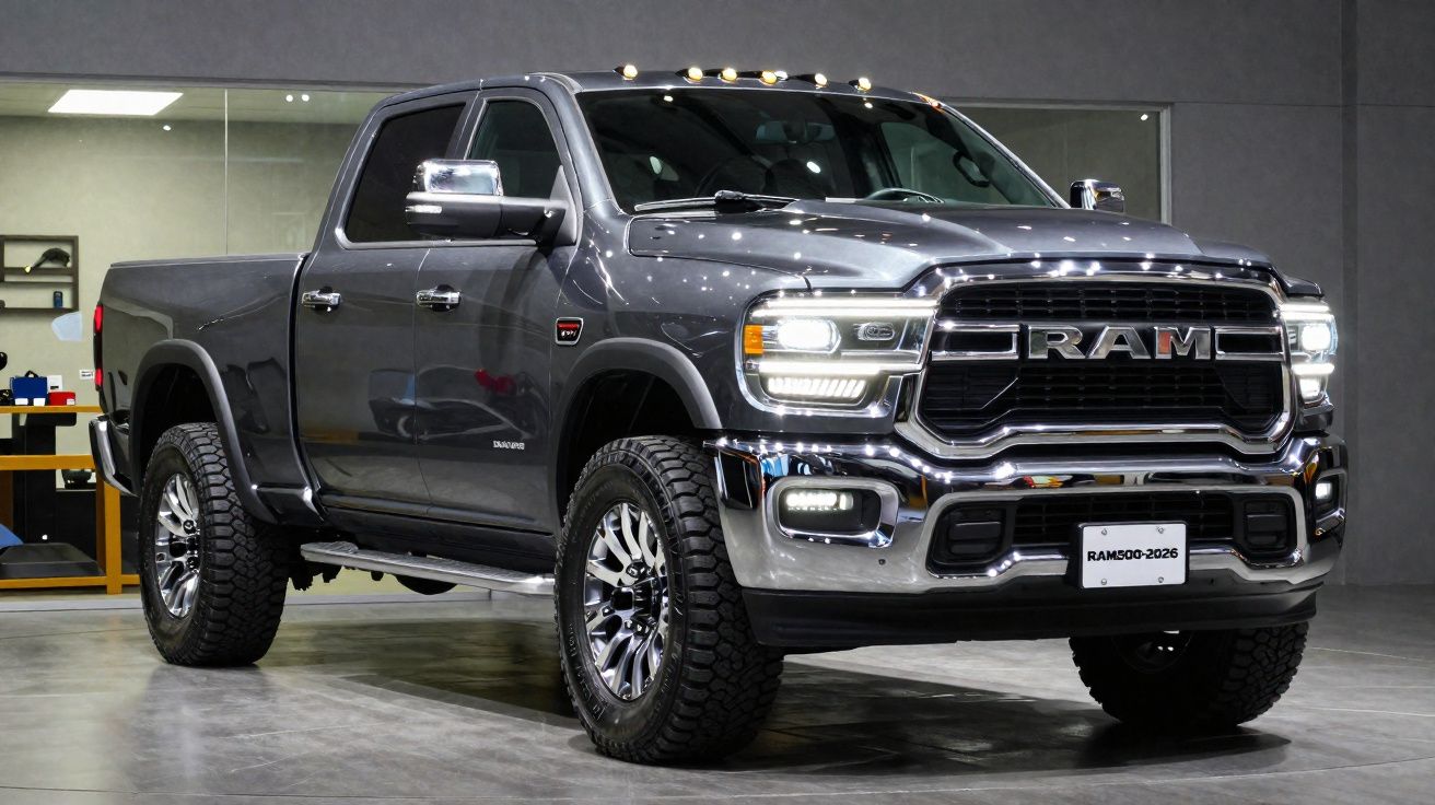 Picape RAM 1500 cinza escuro estacionada em interior com luzes acesas.