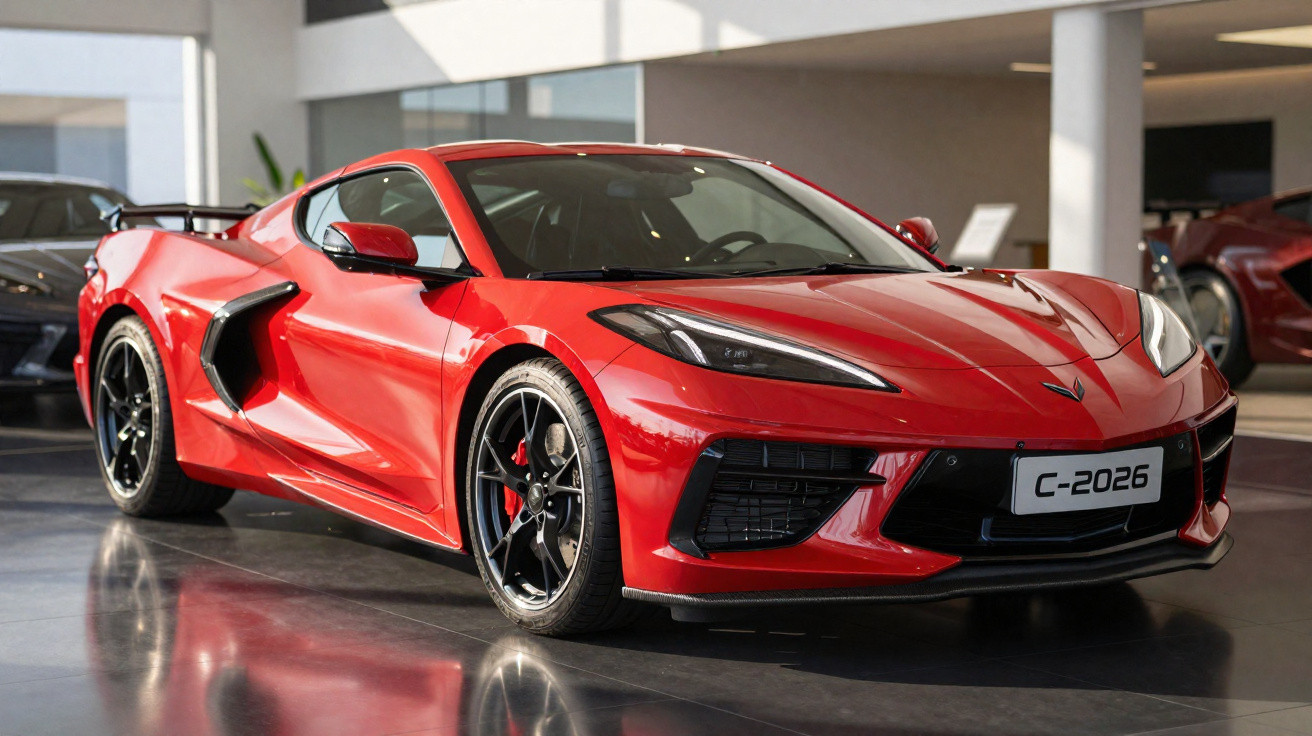 Carro desportivo vermelho brilhante com design aerodinâmico estacionado em interior moderno.