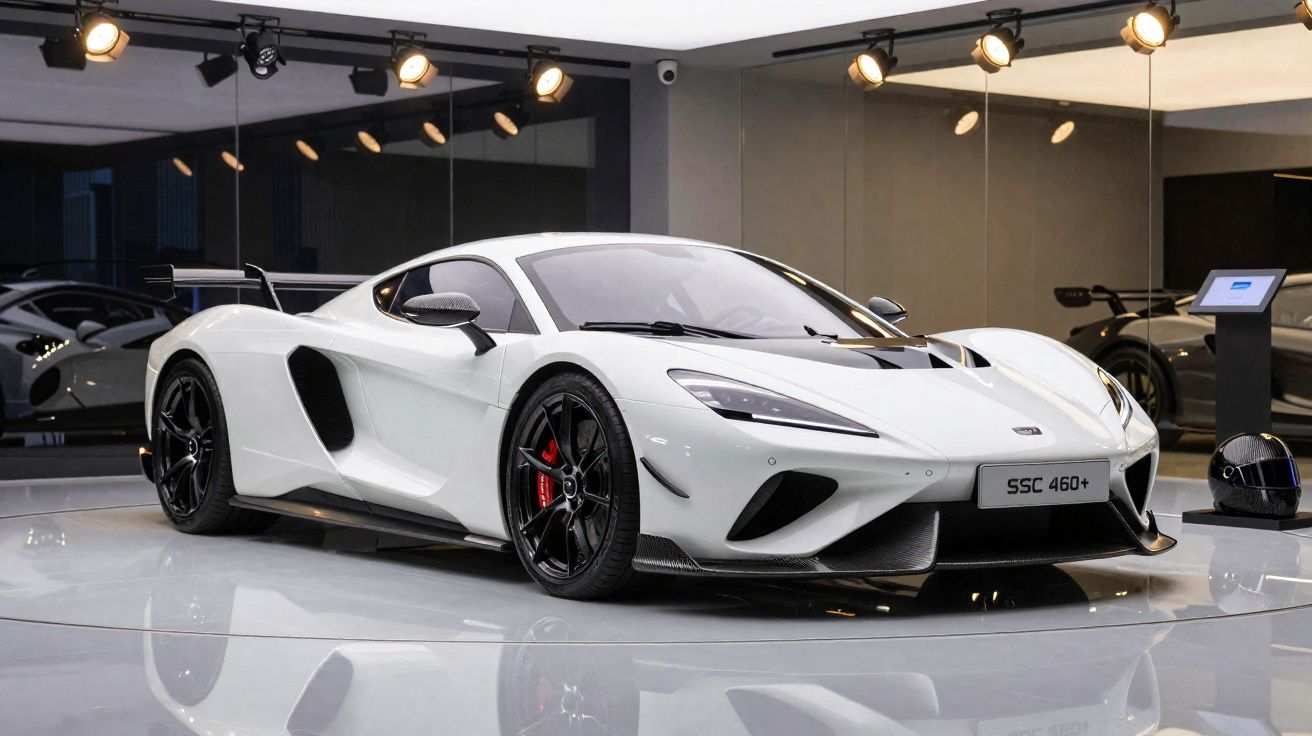 Carro desportivo branco SSC 460+ estacionado em salão com chão espelhado e iluminação moderna.