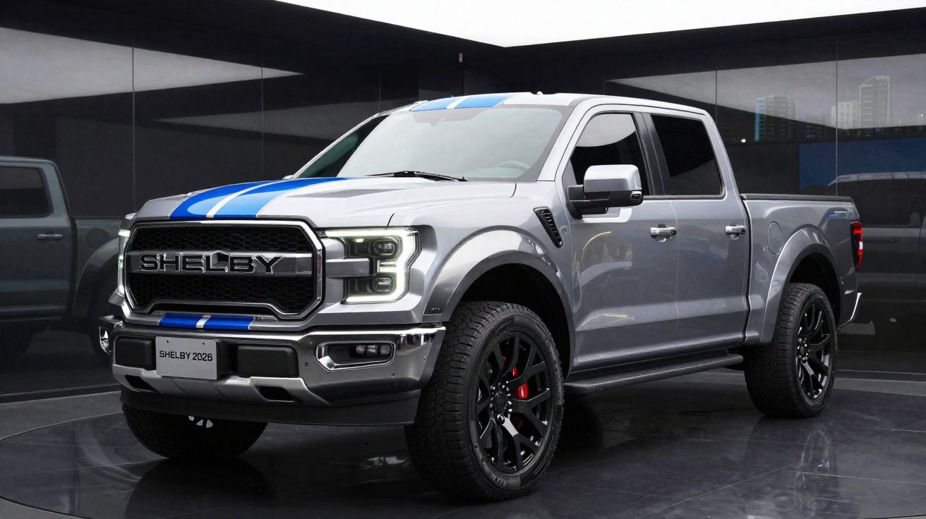 Pick-up cinzenta Shelby 2026 com riscas azuis e rodas pretas em exibição num salão.