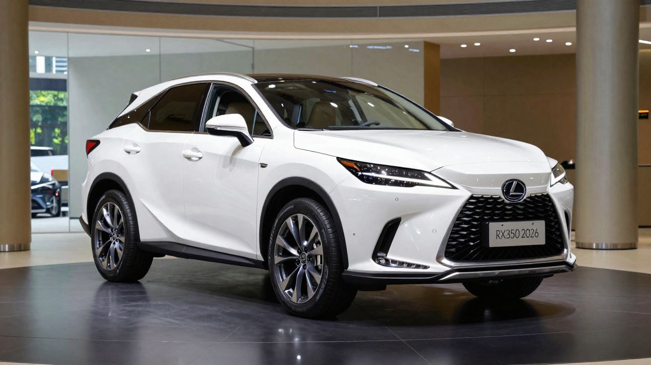 Carro Lexus RX350 2026 branco em exposição numa sala moderna com chão brilhante.