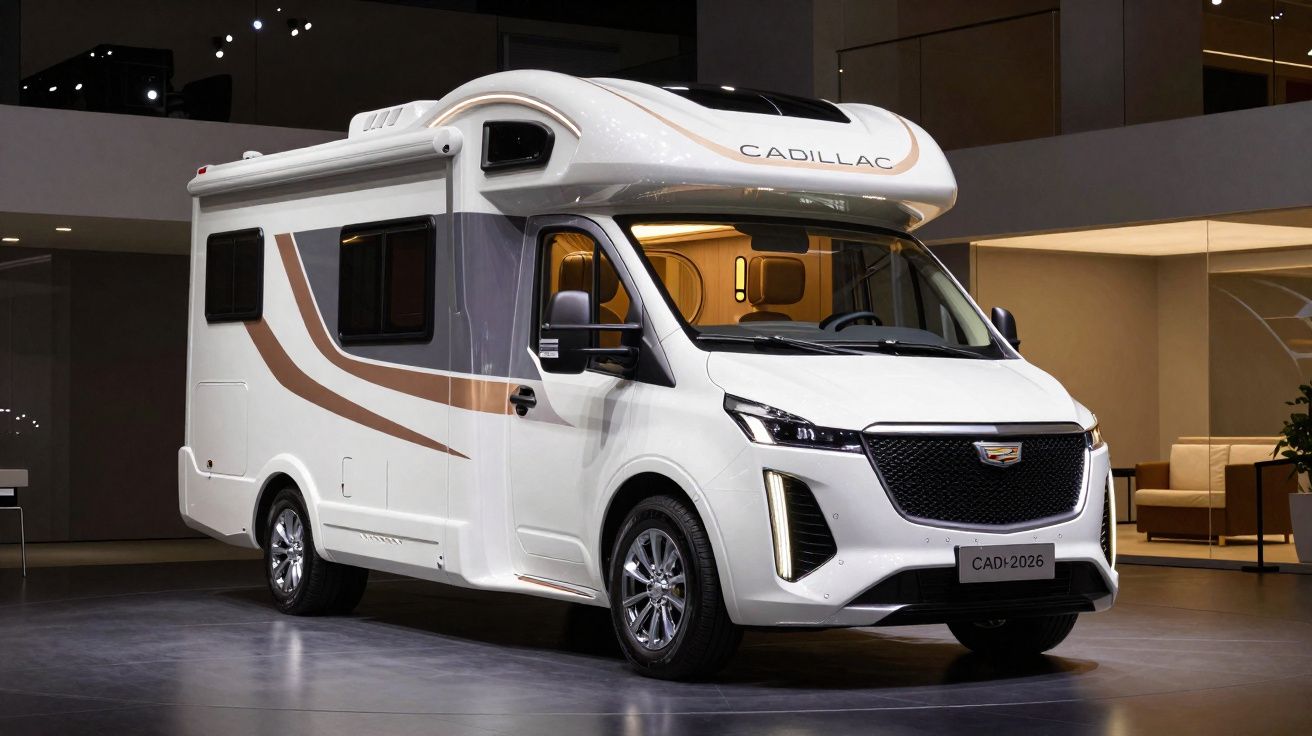 Caravana branca moderna com detalhes castanhos exposta em espaço interior iluminado.