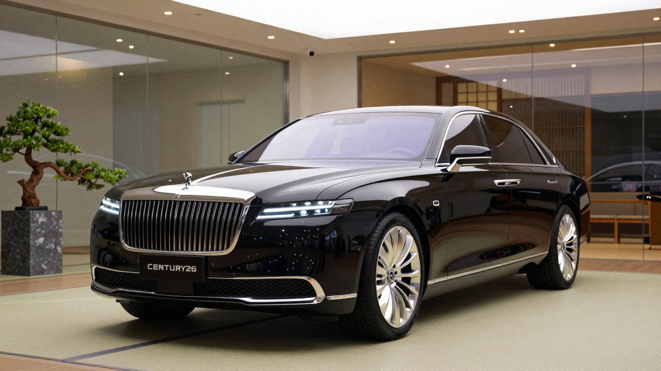 Automóvel de luxo preto modelo Century 26 estacionado em espaço interior moderno e minimalista.