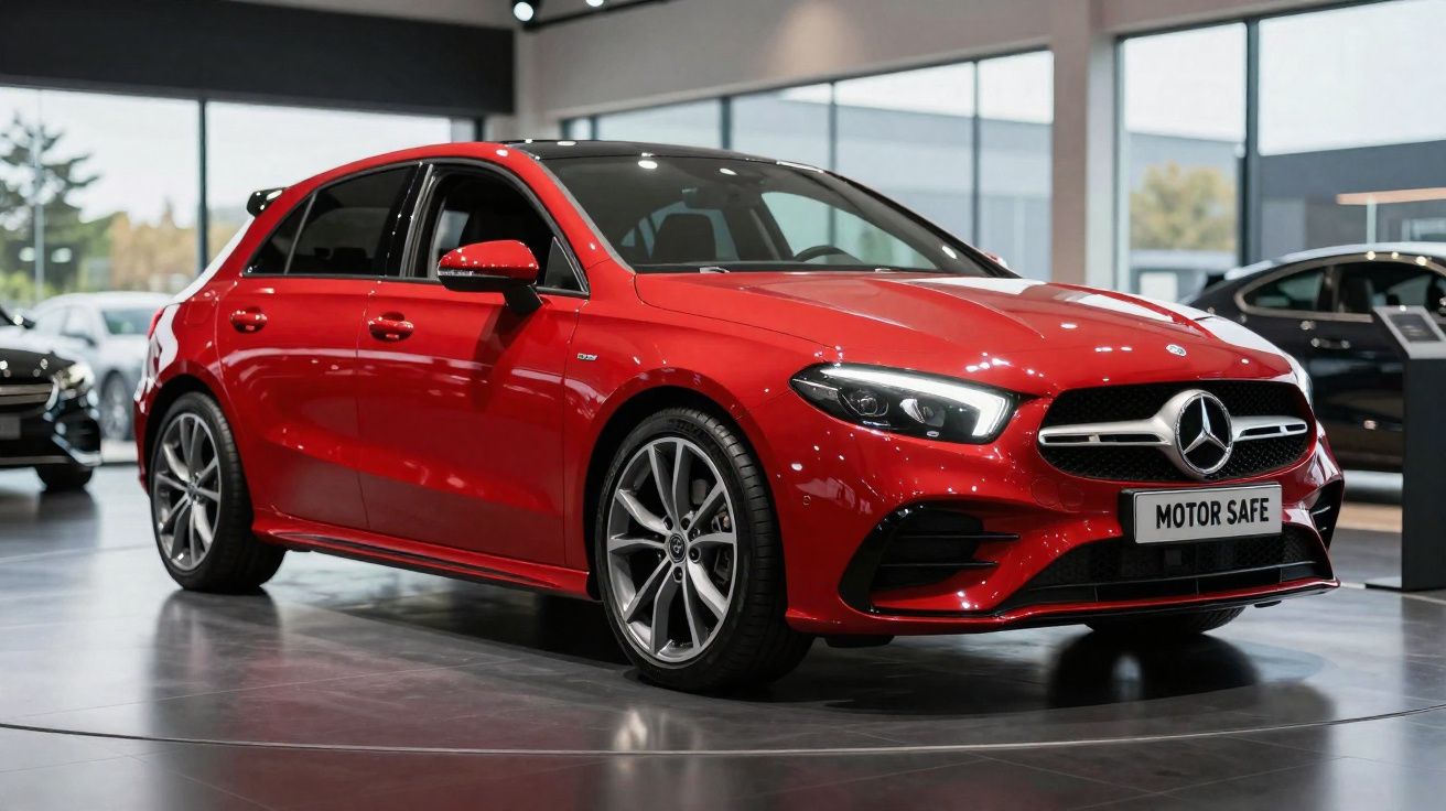 Carro Mercedes-Benz vermelho exposto em showroom moderno com luz natural e piso refletor.