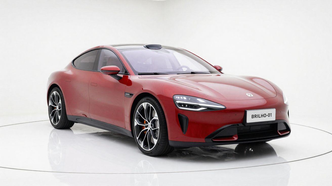 Carro elétrico desportivo vermelho com design moderno e placa "BRILHO-01" em fundo branco.