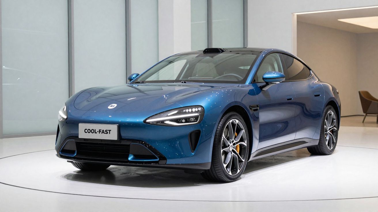 Carro desportivo elétrico azul com faróis LED e jantes pretas exposto em salão moderno e minimalista.