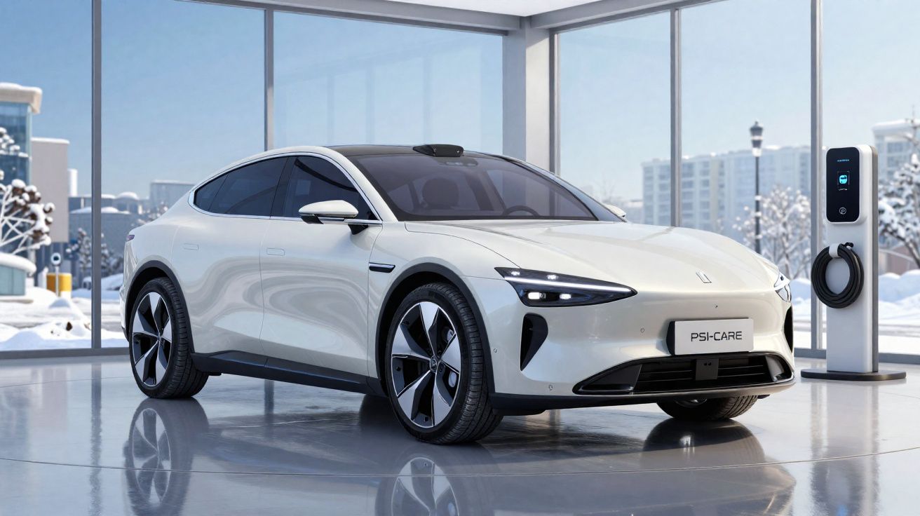 Carro elétrico branco estacionado dentro de uma garagem moderna com estação de carregamento.