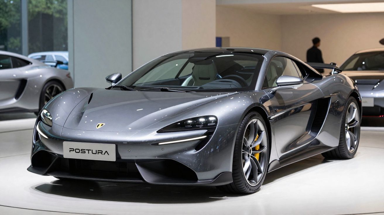 Carro desportivo cinzento metálico estacionado em sala de exibição com luzes refletidas na carroçaria.