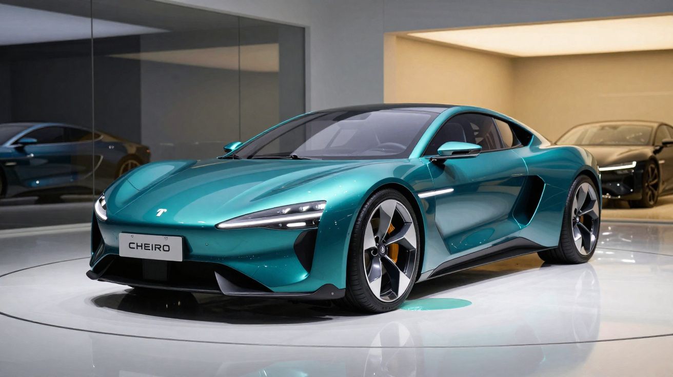 Carro desportivo elétrico azul metálico exibido numa sala moderna com iluminação suave e reflexos no chão.