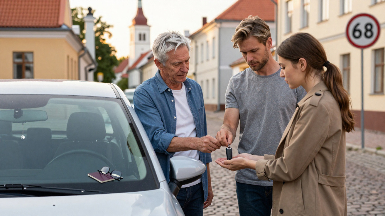 Homem mais velho entrega chave a casal jovem ao lado de carro numa rua com casas tradicionais.