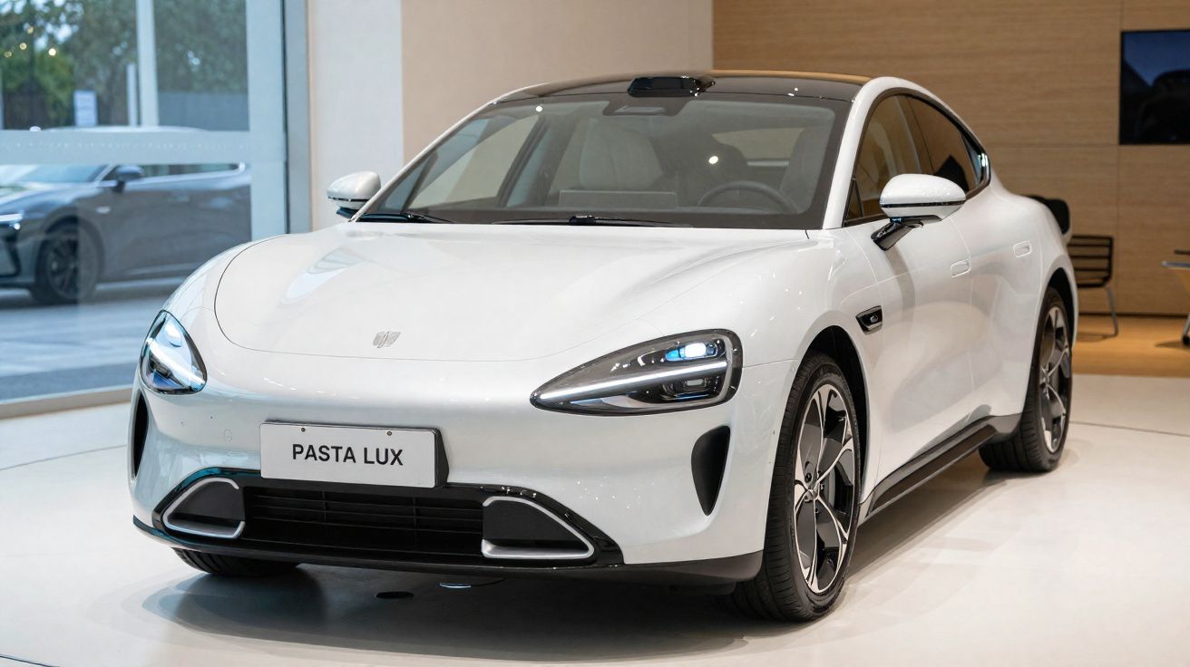Carro elétrico branco moderno PASTA LUX exposto em showroom com design aerodinâmico e faróis LED.