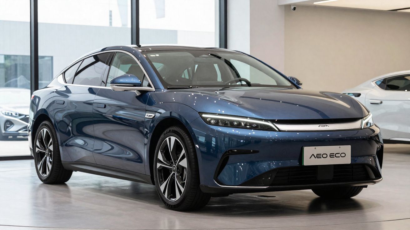 Carro elétrico azul AERO ECO em exposição numa sala iluminada, com design moderno e elegante.