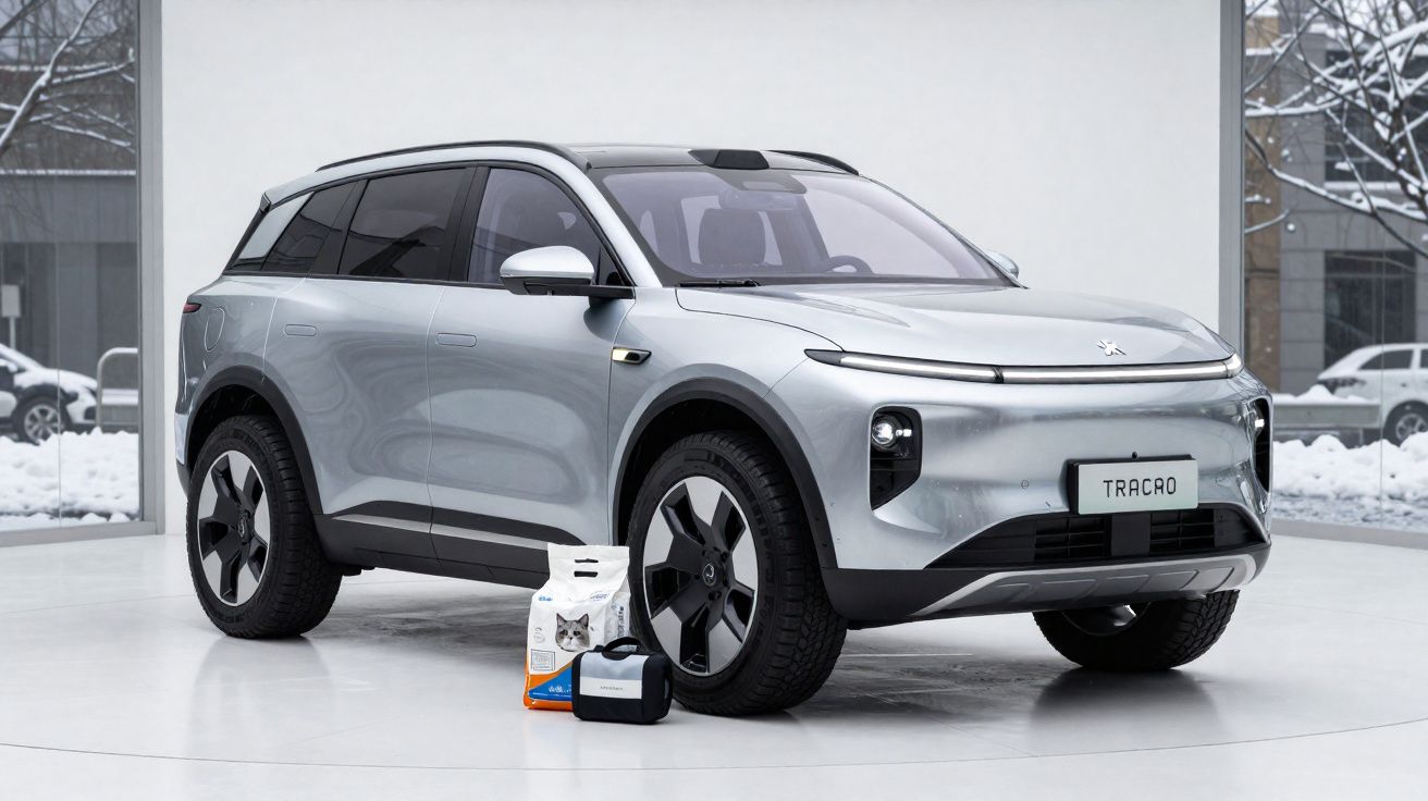 Carro SUV eléctrico prateado estacionado em espaço interior, com saco de ração e acessório para animais ao lado.